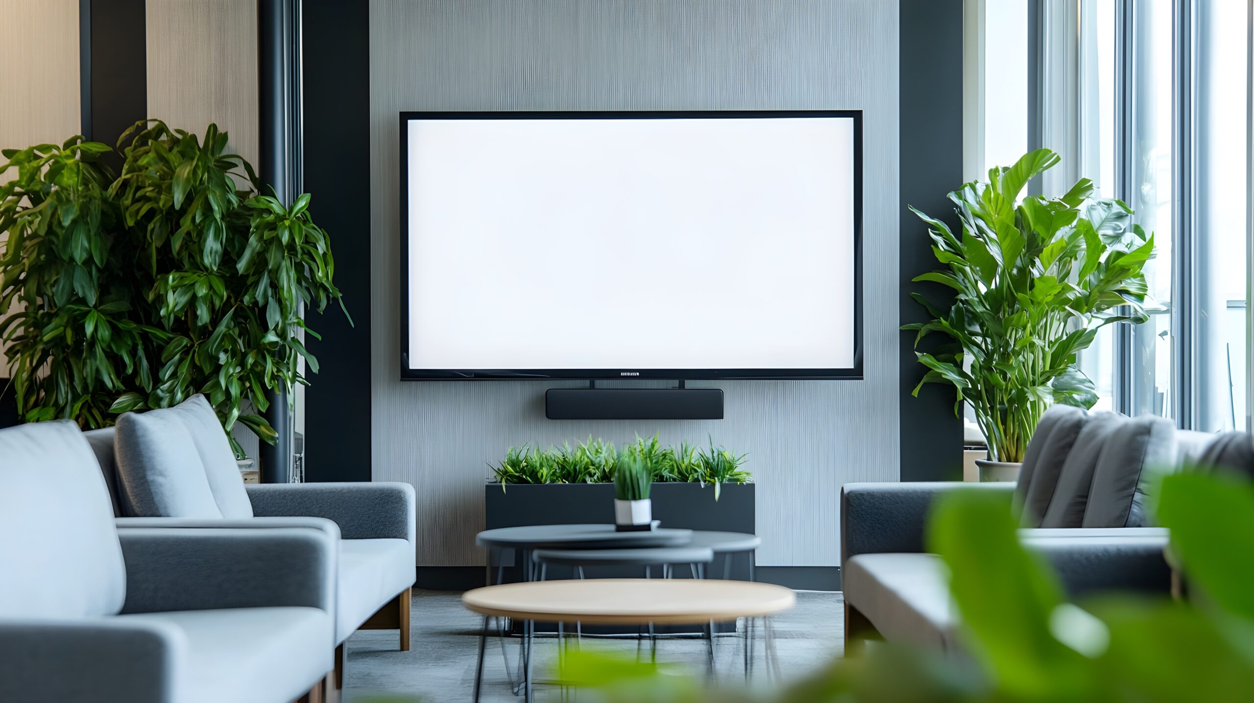 A blank TV screen in a modern office lounge with comfortable sofas, green plants, and a coffee table, for business or corporate videos.