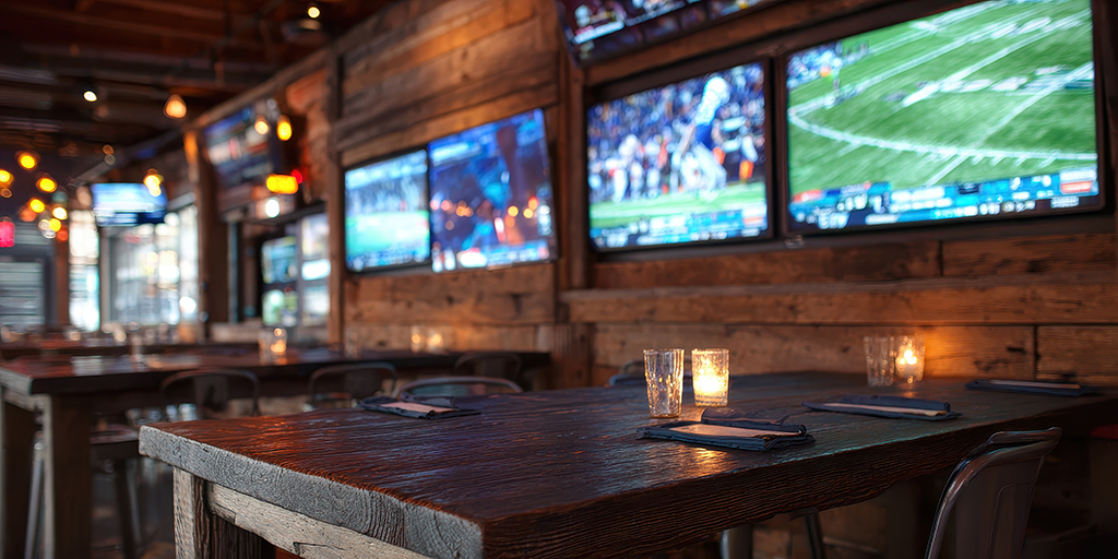 Rustic sports bar interior with multiple TVs and tables Business TV