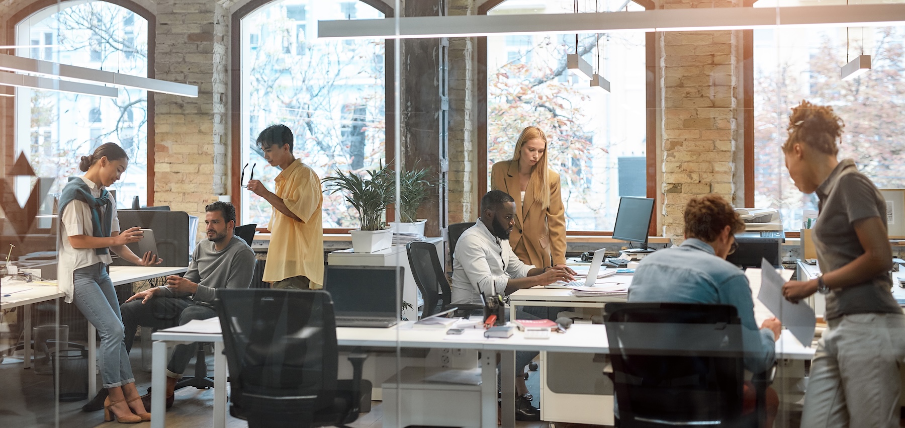 Group of young mixed race business people working together in a creative office.